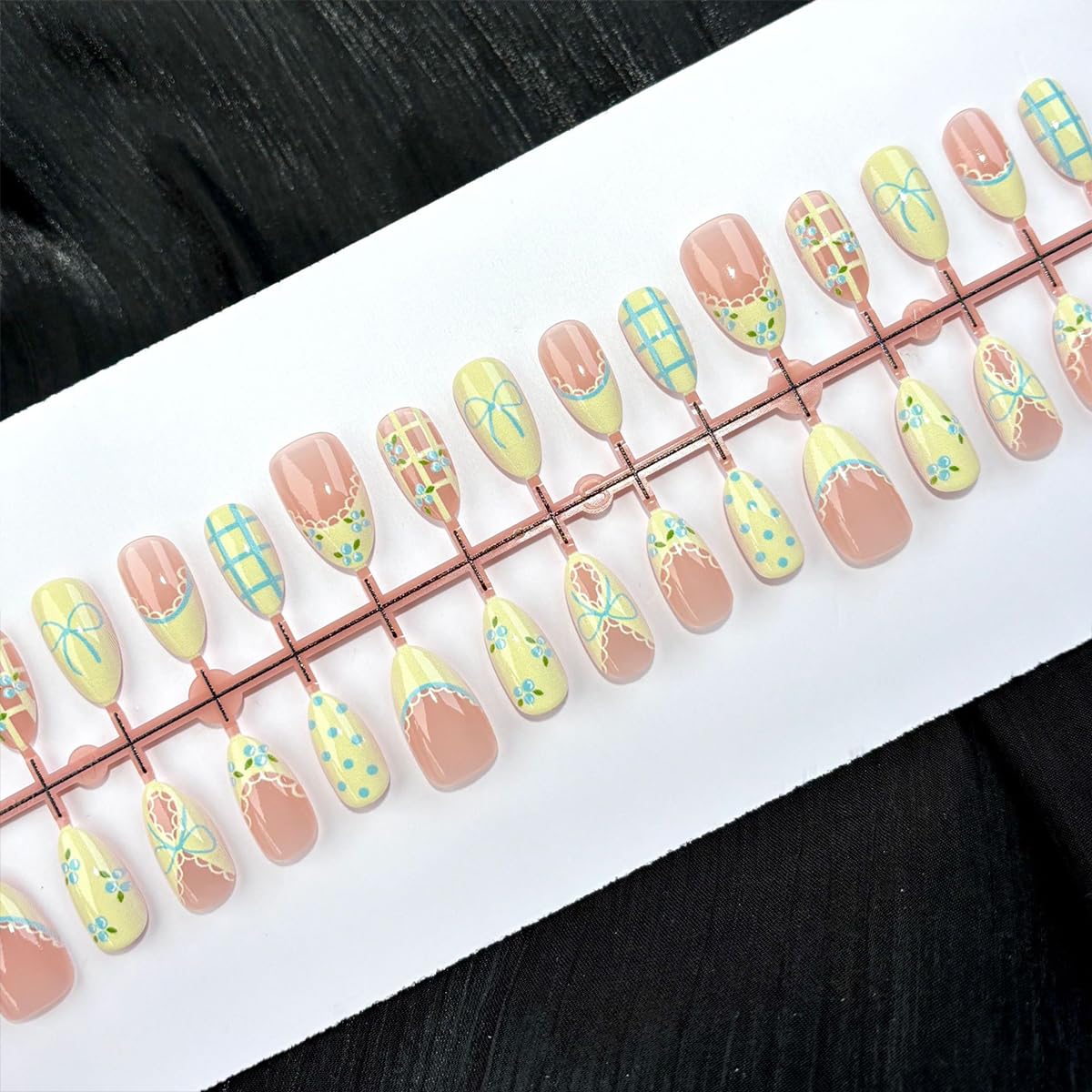 30 Pcs Cute Press on Nails Medium Almond Fake Nails with Bow Lace Blueberry Design Reusable Acrylic Stick on Nails Kit Glossy Yellow French Tip False Nails for Women Girls Daily Party Wedding Manicure