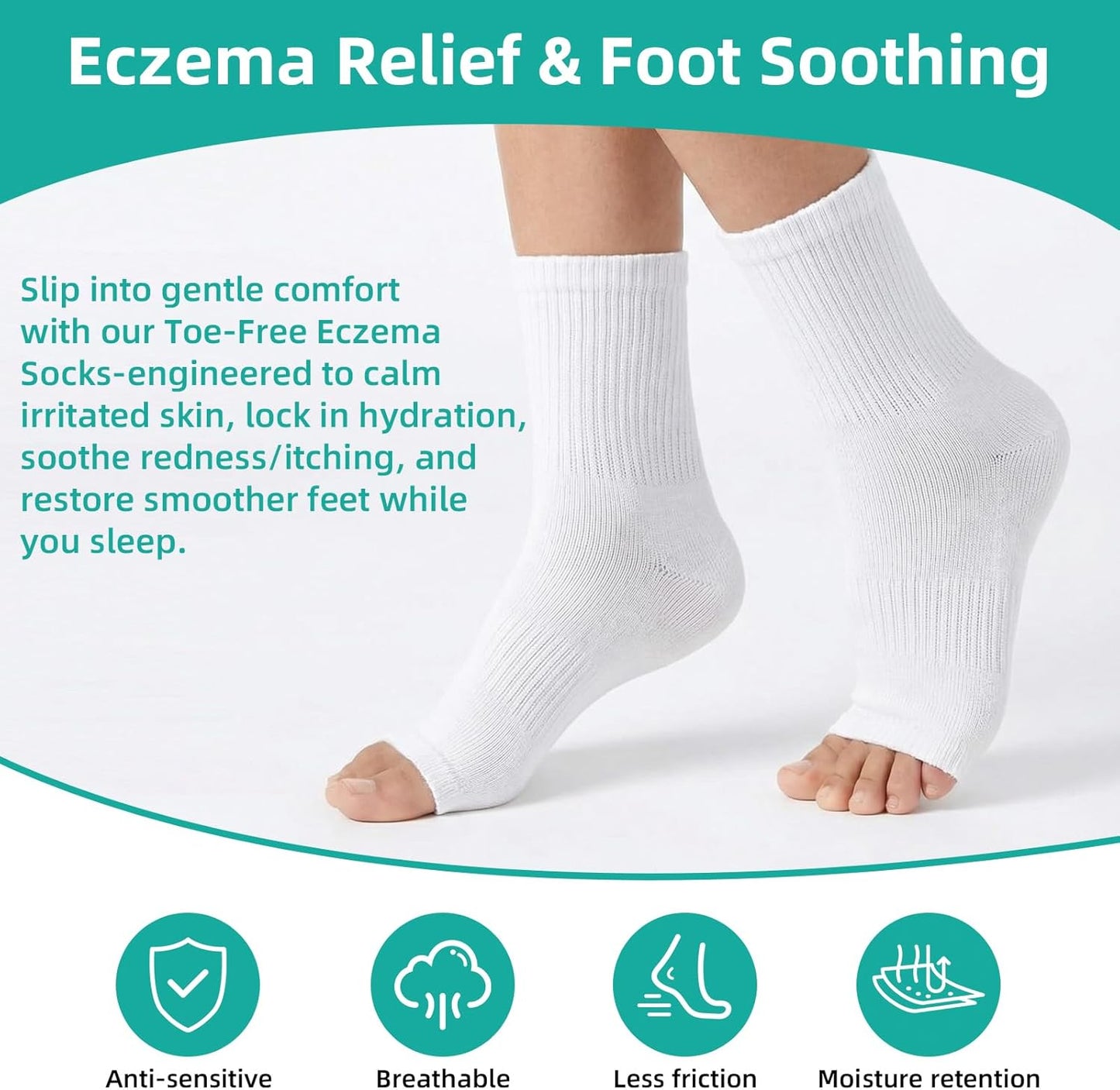 Cotton Eczema Toeless Socks - Moisturizing Open Toe Heel Socks for Soft Feet | XL, White