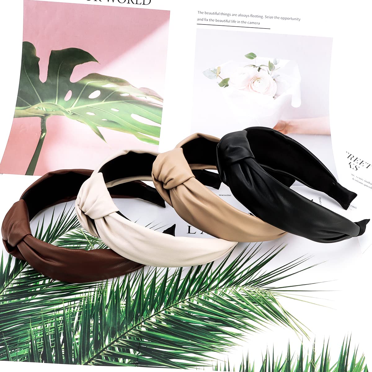 TOBATOBA Leather Headbands for Women, 4Pcs PU Leather Knotted Headband for Women, Top Knot Headband, Diademas Para Mujer De Moda, Neutral Cute Womens Fashion Headband, Hair Accessories for Women Girls