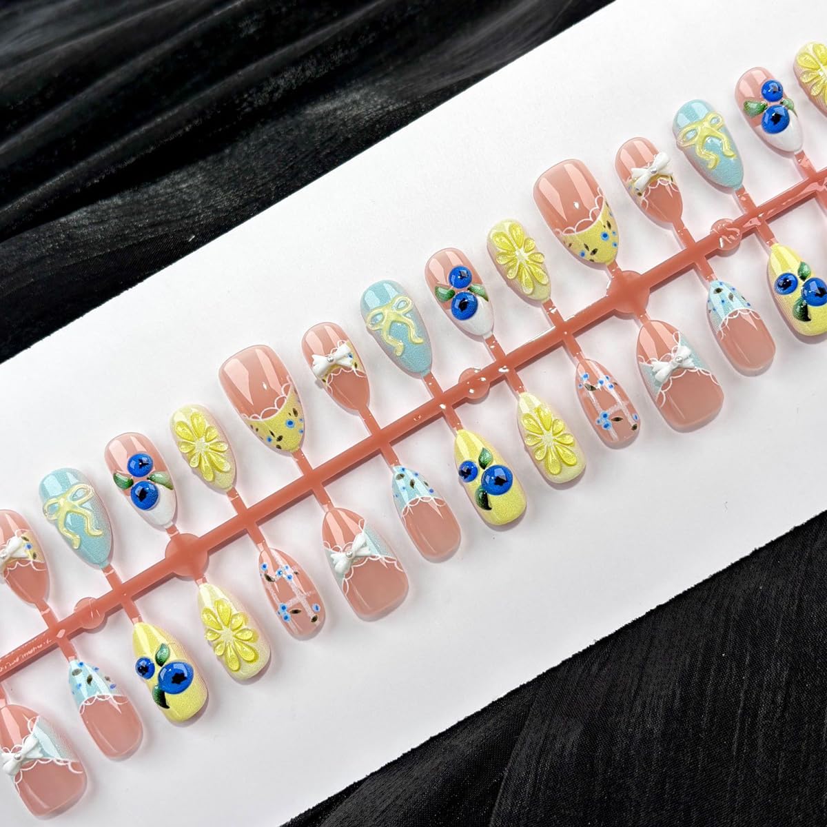 Press-On Almond Nails - Blue & Yellow Fruit Design | Reusable 30-Piece Nail Kit for Spring & Summer Manicure