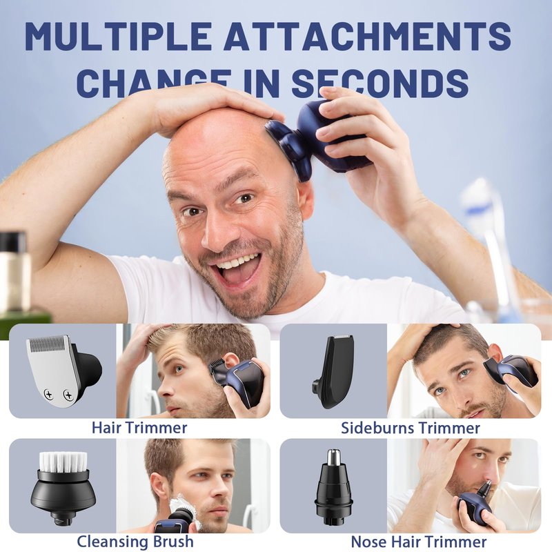 Wyklaus Head Shaver, Upgrade Head Shavers for Bald Men, Head Electric Razor with Nose Hair Trimmer, IPX6 Waterproof Wet/Dry Mens Grooming Kit, Anti-Pinch, LED Display, USB Rechargeable