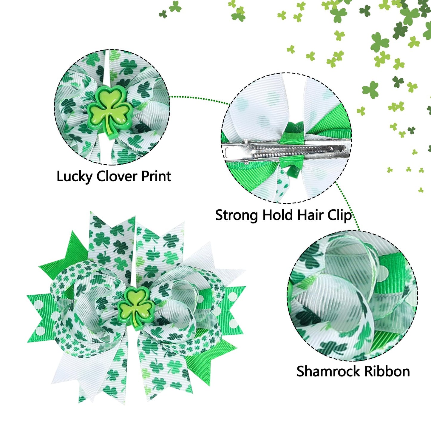 St. Patrick's Day Hair Bow Clips for Women Lucky Shamrock Hair Clips for Girls Green White Hair Bows Cute Clover Hair Barrettes Irish Day Festive Hairpins St. Patrick's Day Hair Accessories 2Pcs