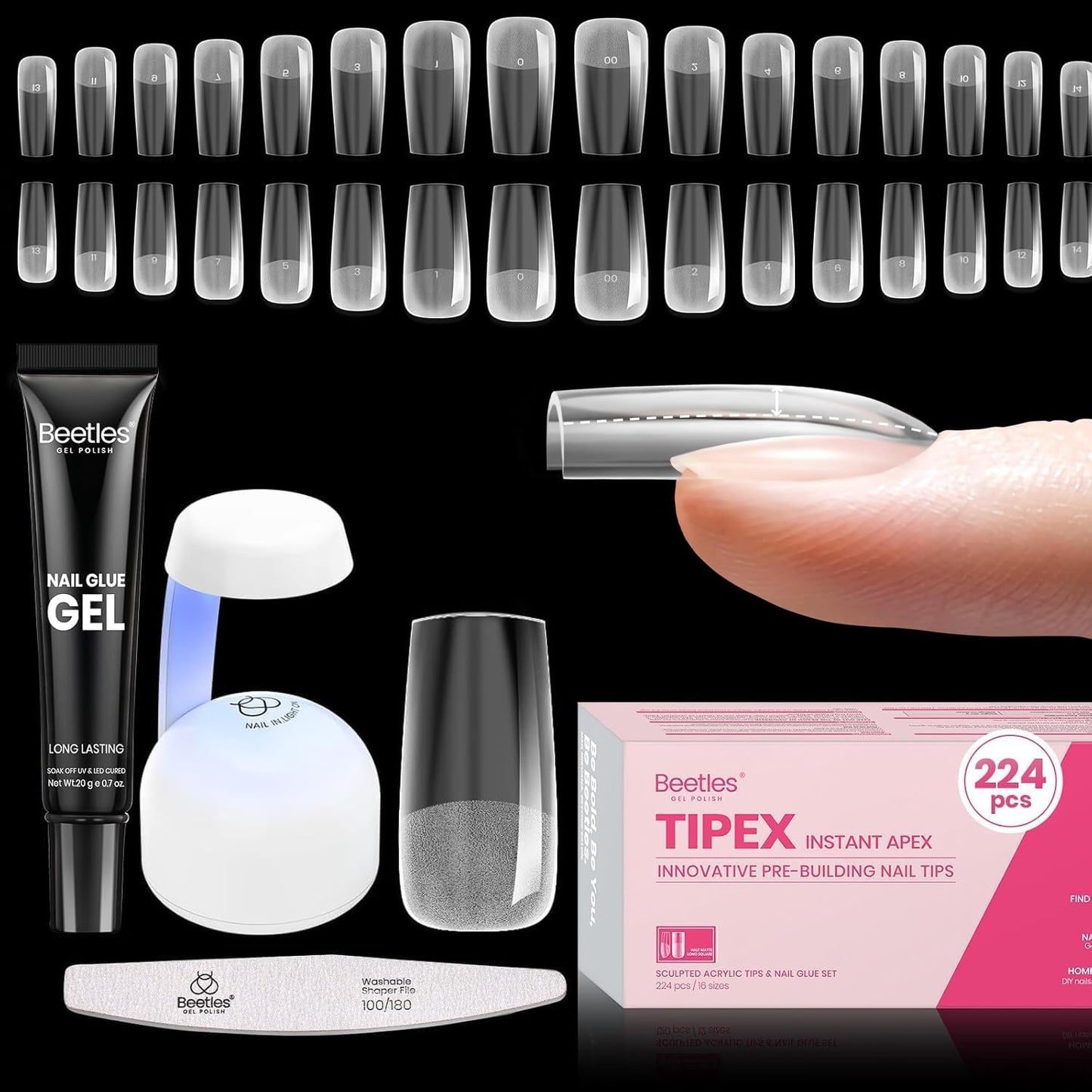 Beetles Tipex Gel Nail Kit - 224 Pcs Extra Short Square Nail Tips with Mini Lamp & Glue | 16 Sizes