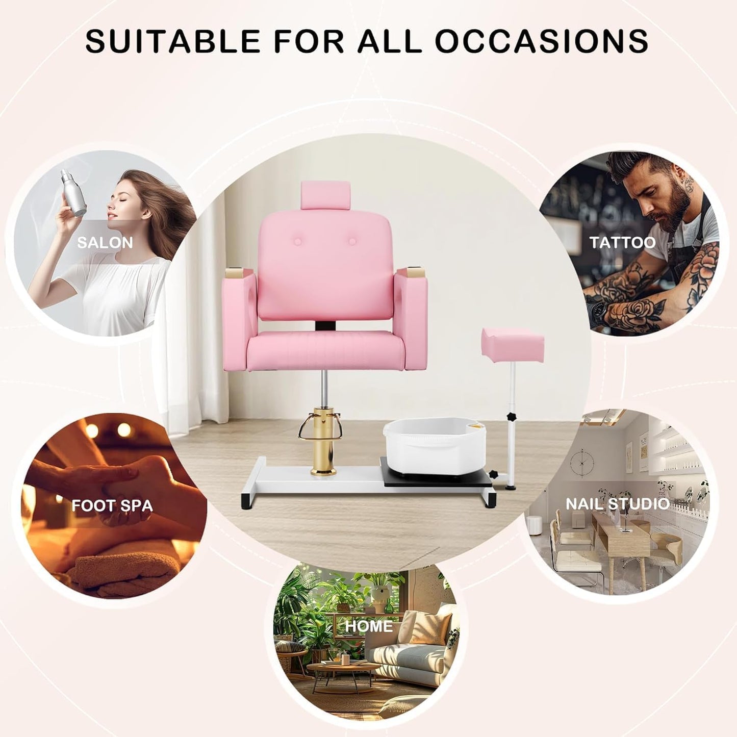 Pink Spa Pedicure Chair - No Plumbing, Portable 360° Rolling Stool | Nail Tech Beauty Salon Equipment