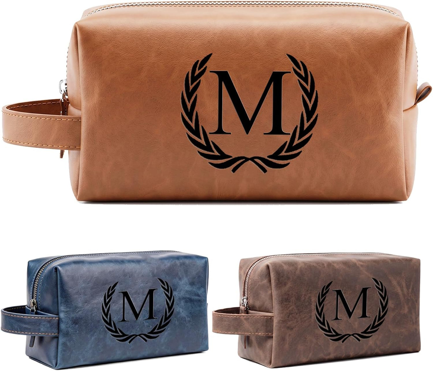 Personalized Leather Toiletry Bag for Men | Engraved Initial Waterproof Travel Bag - Dark Brown