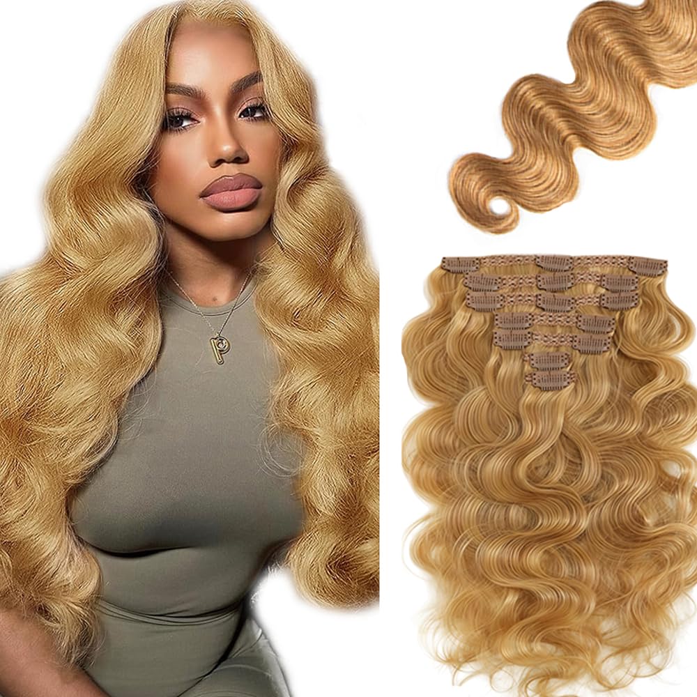 #27 Blonde Clip in Hair Extensions Real Human Hair, 20 Inch 120g/7Pcs,Full Shine Remy Human Hair,Honey Blonde Body Wave Clip ins Brazilian Virgin Human Hair Extensions