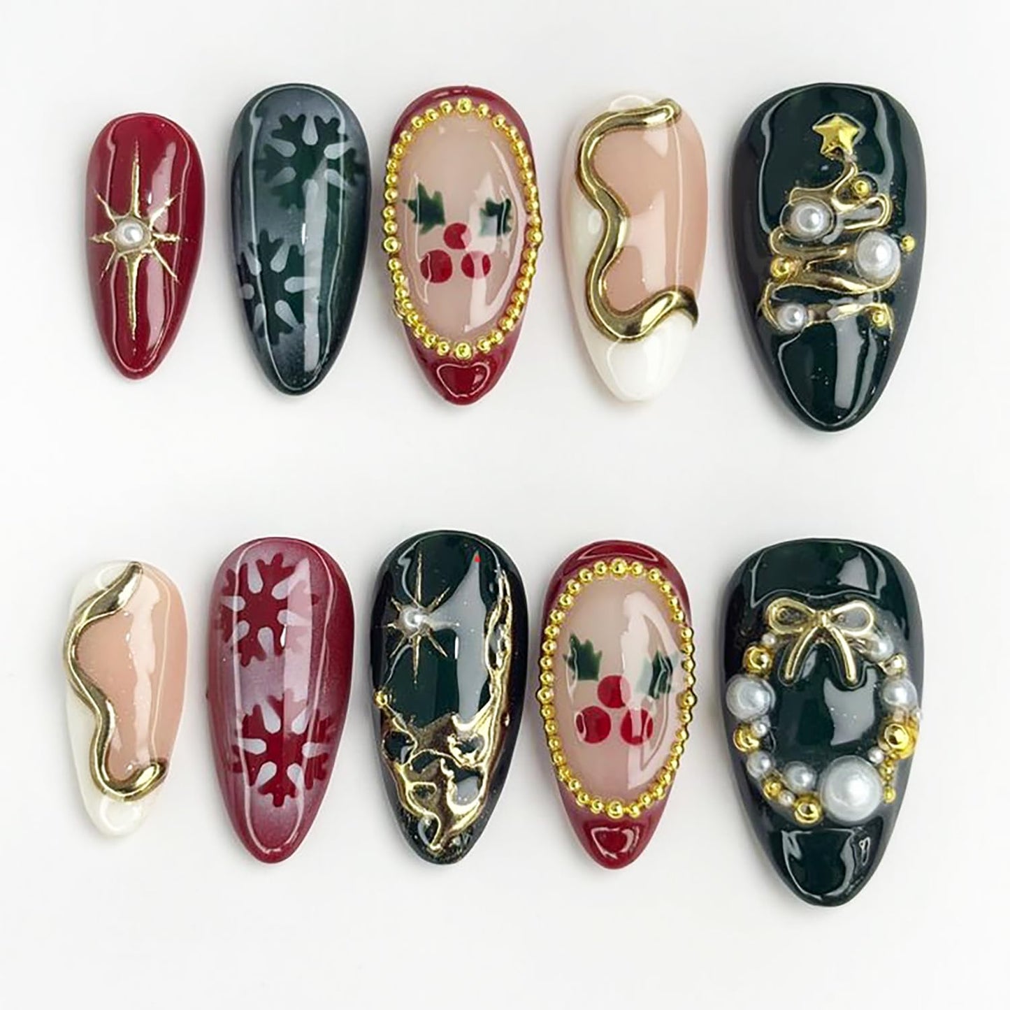 Christmas Press-On Nails - Medium Almond Acrylic Tips with Tree Wreath, Gold Beads & Rhinestones | Winter Holiday Design