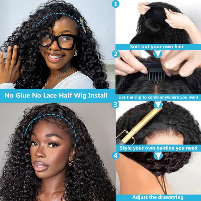 Curly Half Wig - 24 Inch Human Hair Water Wave | 200 Density, Seamless, Glueless Design for Easy Wear