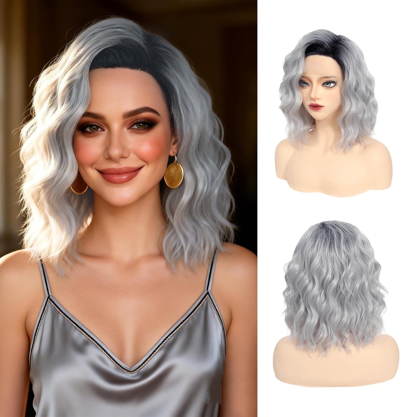 Wavy Bob Wig for Women - Short Brown Highlight Synthetic Hair | 14 Inch Lace Front for Daily Wear & Cosplay