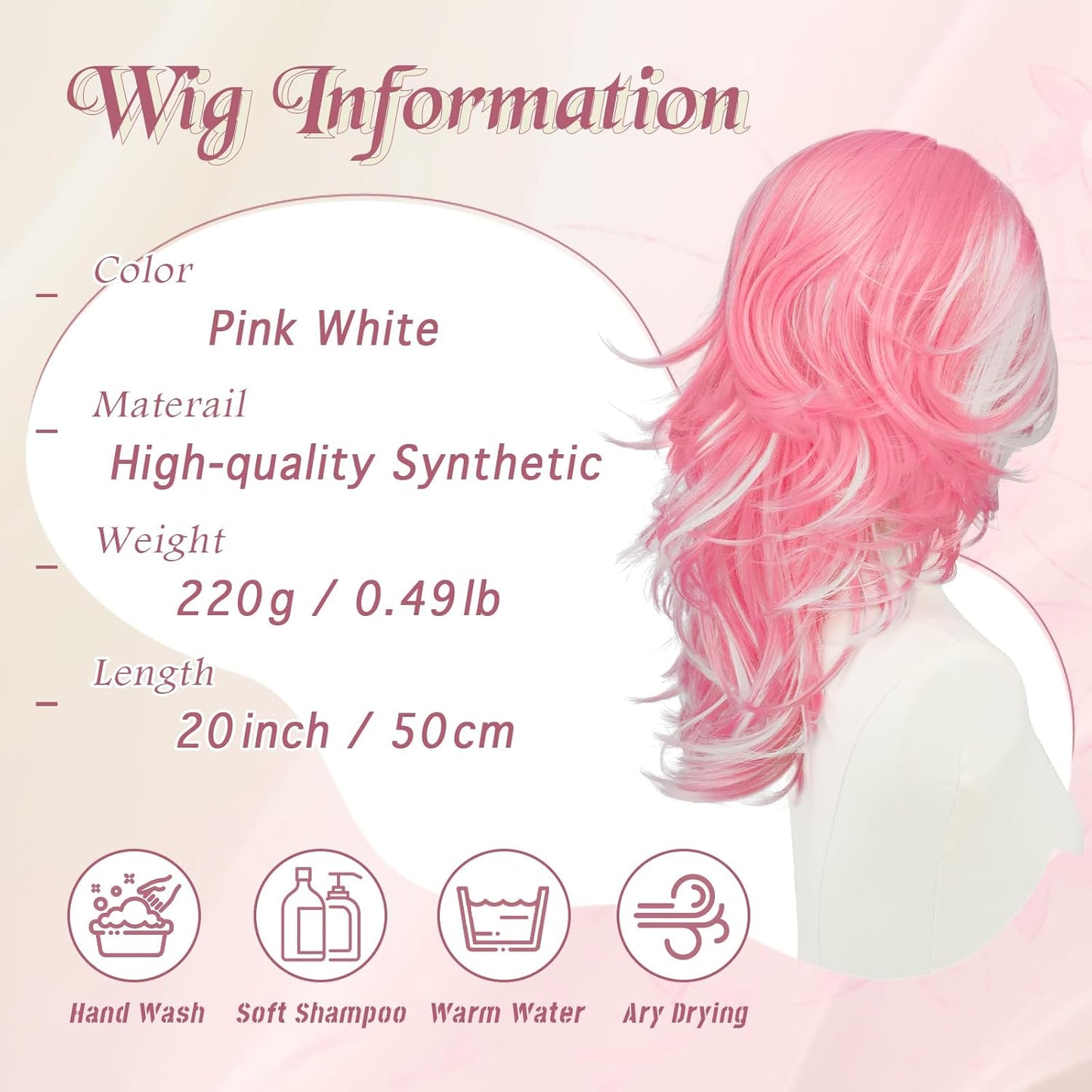 Pink Layered Wigs with Curtain Bangs - 20 Inch Long Wavy Synthetic Hair Wig for Women | Natural Looking Middle Part