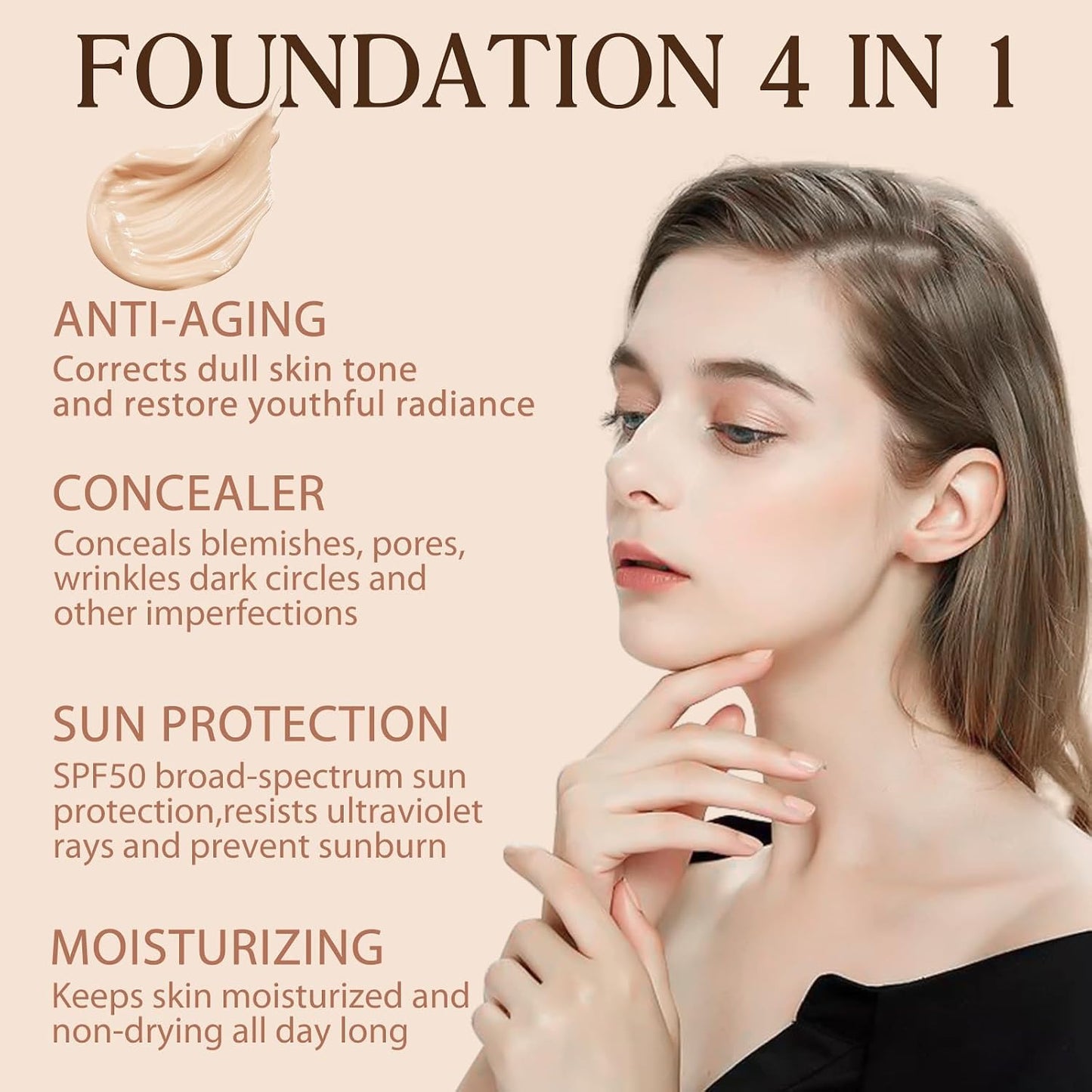 Foundation 4 in 1 - SPF 50 Sunscreen Serum | Waterproof Medium Coverage Liquid Makeup for All Skin Types