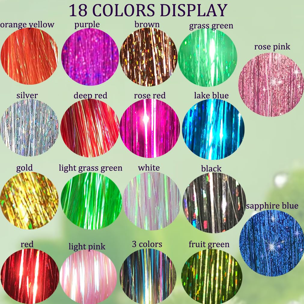 Hair Tinsel Kit With Tools 18 Colors 48 Inch 3600 Strands Fairy Tinsel Hair Extensions Glitter Hair Tinsel Christmas Party Festival Hair Accessories for Women Girls(48 Inch,18 Colors)