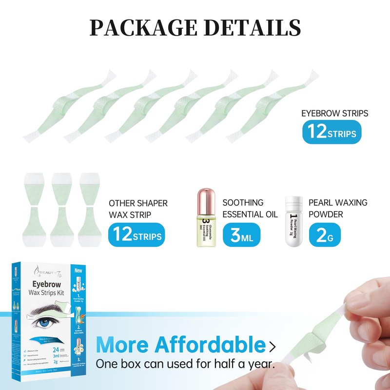 Beauty7 Men's Eyebrow Wax Strips Facial Wax Strips Hair Removal at Home Waxing Strips 24 pcs with Pearl Powder Essential Oil for Sensitive All Skin Types for Men