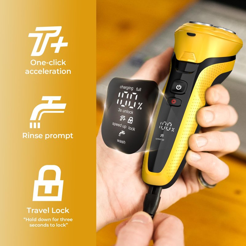 rategist Rechargeable Electric Razor for Men: 3-in-1 Shaver for Beard/Nose/Sideburns - IPX7 Waterproof Travel Kit - Turbo Speed & Precision Blades,Cyber Yellow