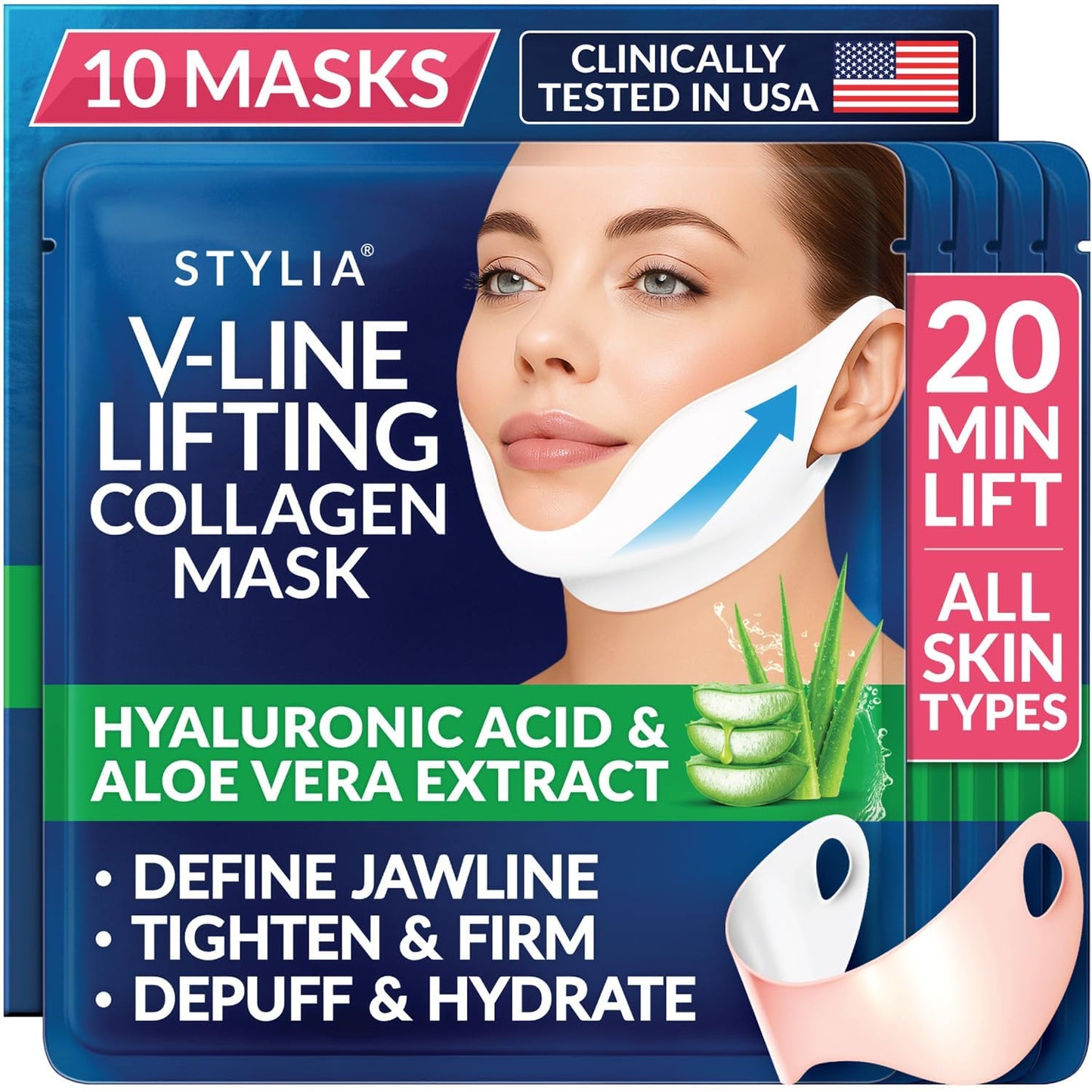 Stylia V Line Lifting Collagen Mask - Firm & Contour Jawline with Hyaluronic Acid & Aloe | 10 Pack