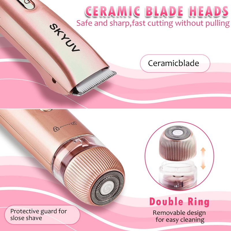 Bikini Trimmer for Women, SKYUV 2 in 1 Electric Razors Bikini Shaver, IPX7 Waterproof & Easy Cleaning, Ceramic Blade, USB Recharge, Cordless Body Hair Trimmer, Facial & Pubic Hair Removal