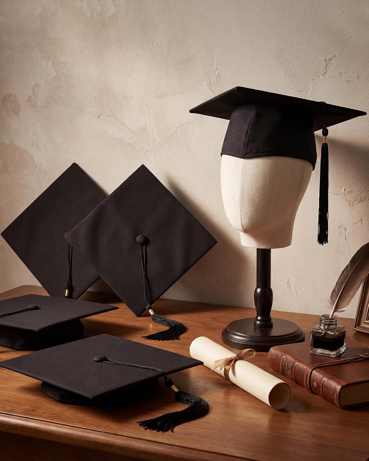Black Graduation Caps for Long Hair - No Slip Design with Built-in Hair Secure Clips | 8 Pcs for 2026 Graduates