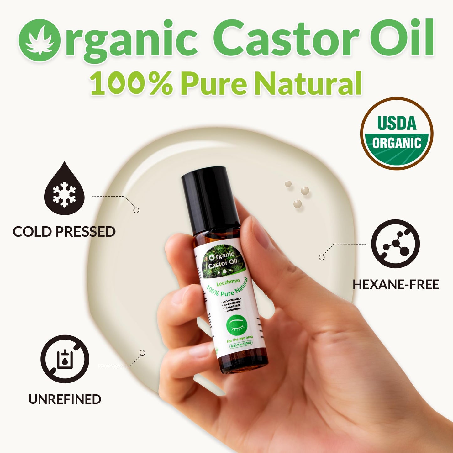 Leczhmyo Organic Castor Oil Roll on for Belly, Face, Body, Under Eyes– Certified Organic, Cold Pressed, Hexane Free, Unrefined – 3 Glass Bottle Pure Roller Ball Castor Oil to Moisturize Skin, Lips
