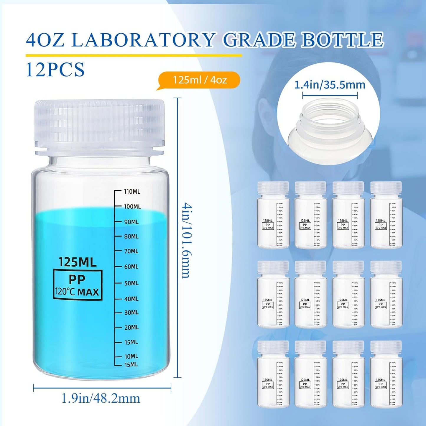 12 Pcs 4oz Plastic Sample Bottles - Clear Liquid Containers for Lab Reagents & Travel | Wide Mouth, Screw Cap