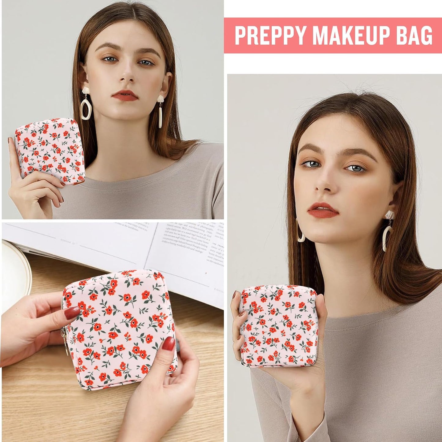 Floral Makeup Bag - Cute Pink Nylon Zipper Pouch for Travel | Waterproof Cosmetic Organizer for Women