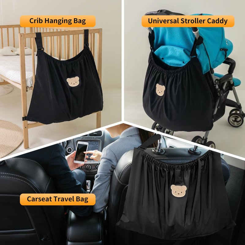 Universal Stroller Organizer, Nylon Stroller Storage Bag for Baby Essentials, Large Capacity Stroller Organizer Bag with Hook & Loop, Cargo Bag for Umbrella & Pet Stroller Accessories (Black Bear)