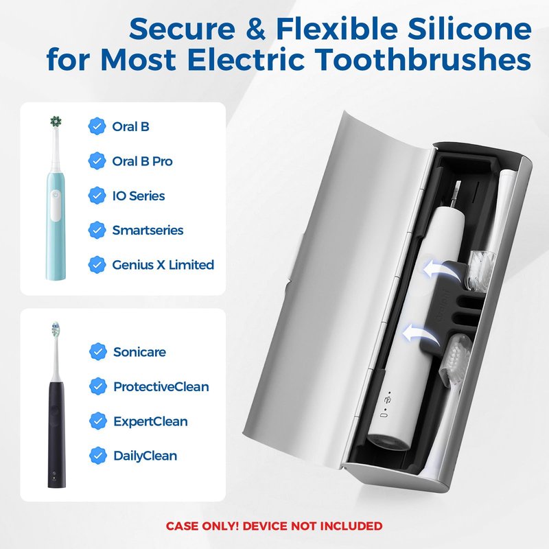 Oralphi Aluminum Electric Toothbrush Travel Case, 2 in 1 Travel Toothbrush Holder for Oral B/Oral-B Pro 1000 1500 5000 7000 and Most Electric Toothbrush for Traveling, Removable Silicone Liner-Silver