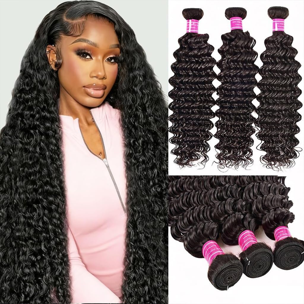 Human Hair Bundles - 100% Unprocessed Brazilian Virgin Deep Wave | 20-Inch Curly Weave Extensions for Women - Natural Black