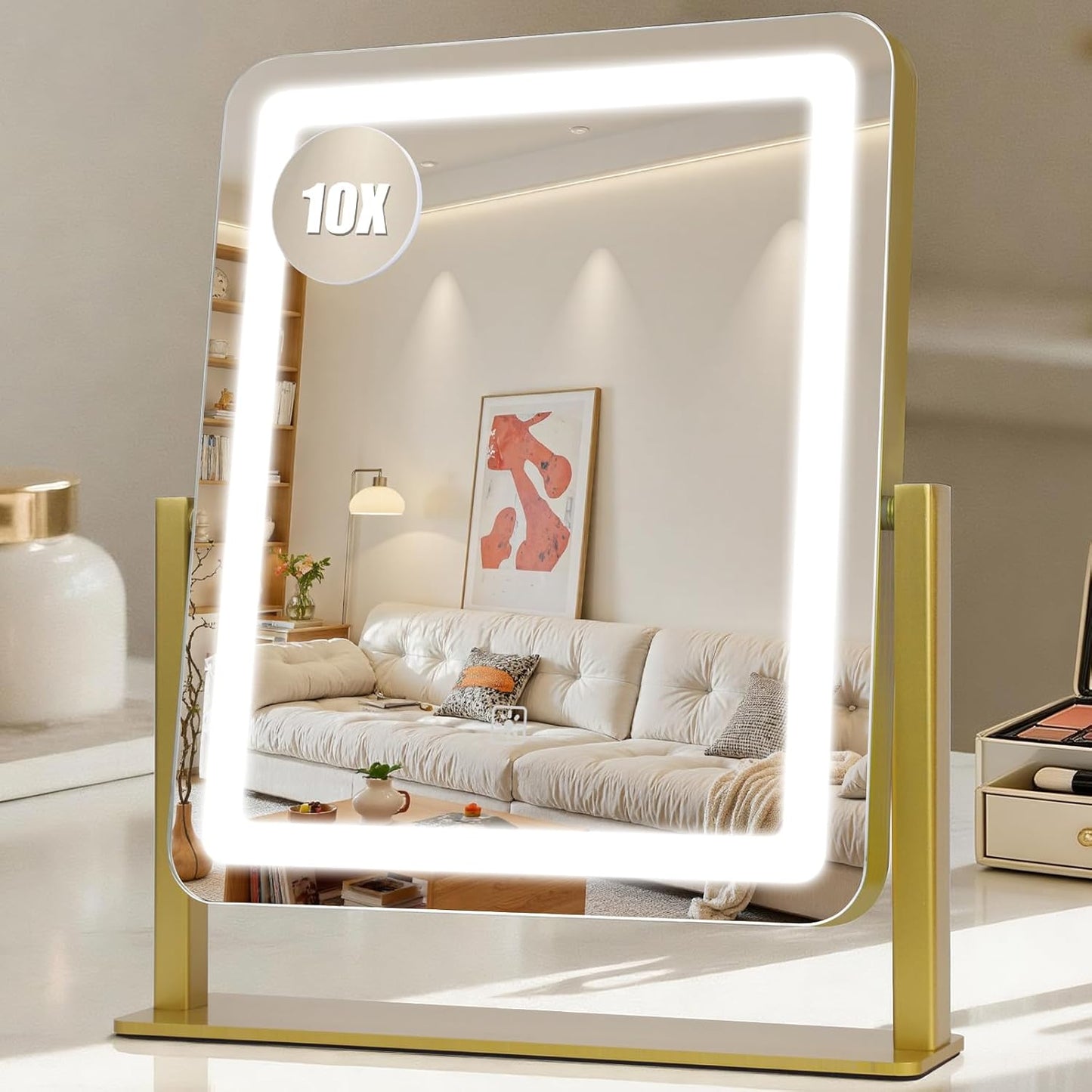 Rechargeable Makeup Mirror with Lights - 10"×8" Dimmable HD Vanity Mirror | Smart Touch, 3-Color Lighting, Portable Travel Essential