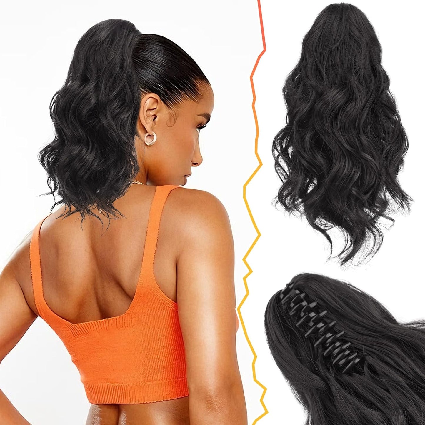 Claw Clip Ponytail Extension - 20 Inch Black Wavy Synthetic Hair | Soft, Lightweight, Realistic Look