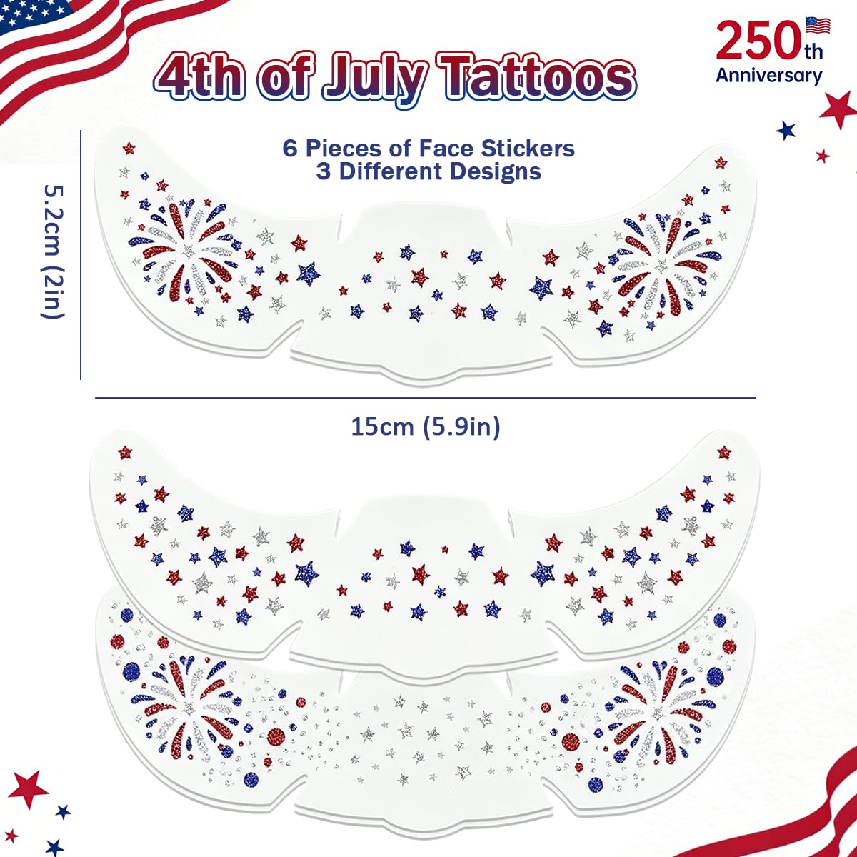Mysense Waterproof 4th of July Temporary Tattoos - Red, White & Blue Glitter Face Stickers | Easy Application, 6 Sheets