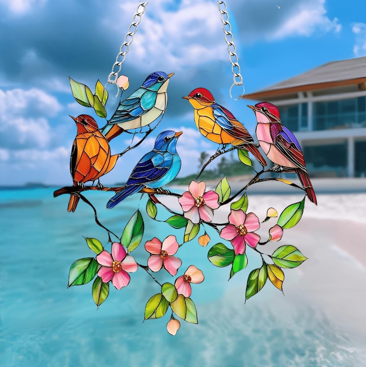 Acrylic Birds with Flowers Suncatcher - 7.08 Inch Stained Glass Style Window Decor | Rainbow Maker Wall Art & Garden Ornament
