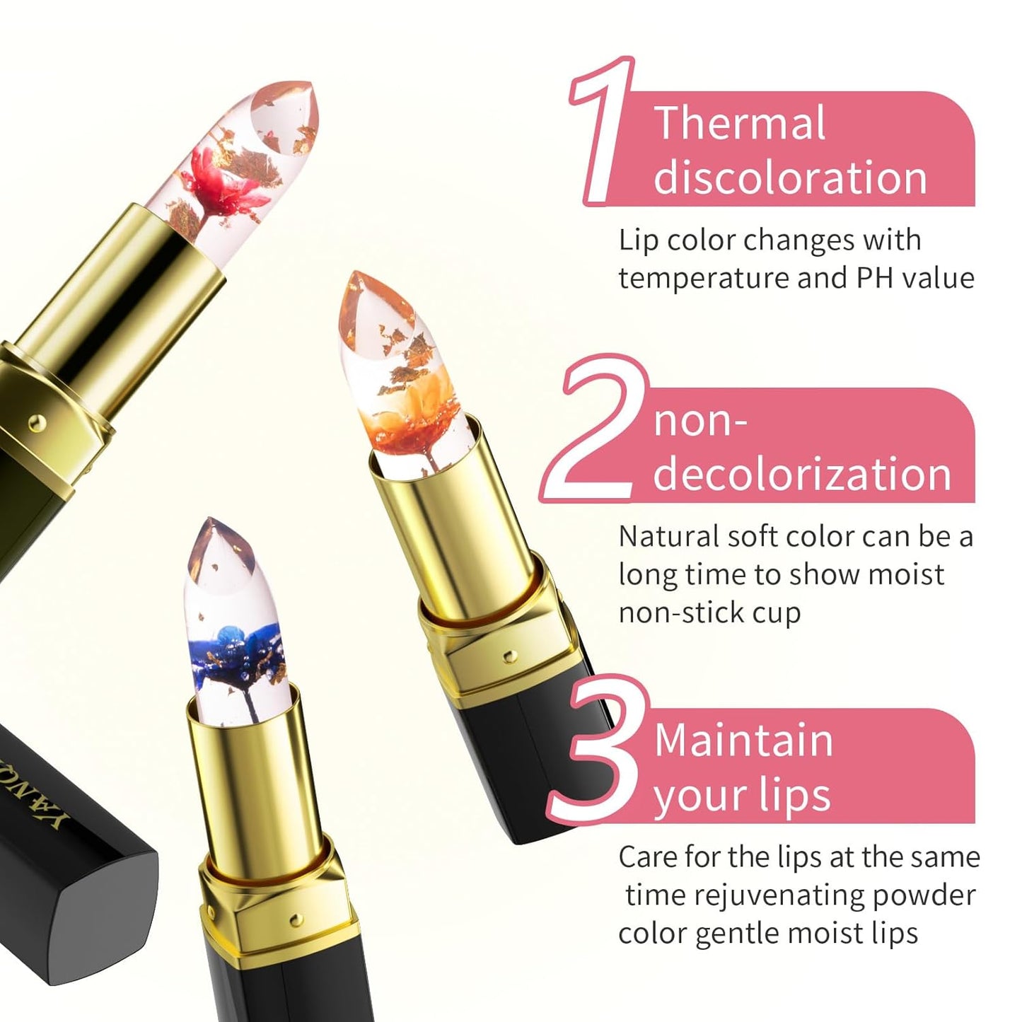 Jelly Clear Crystal Flower Lipstick Set - Magic PH Color Changing Lip Gloss | 3 Pcs Moisturizing Tinted Balm