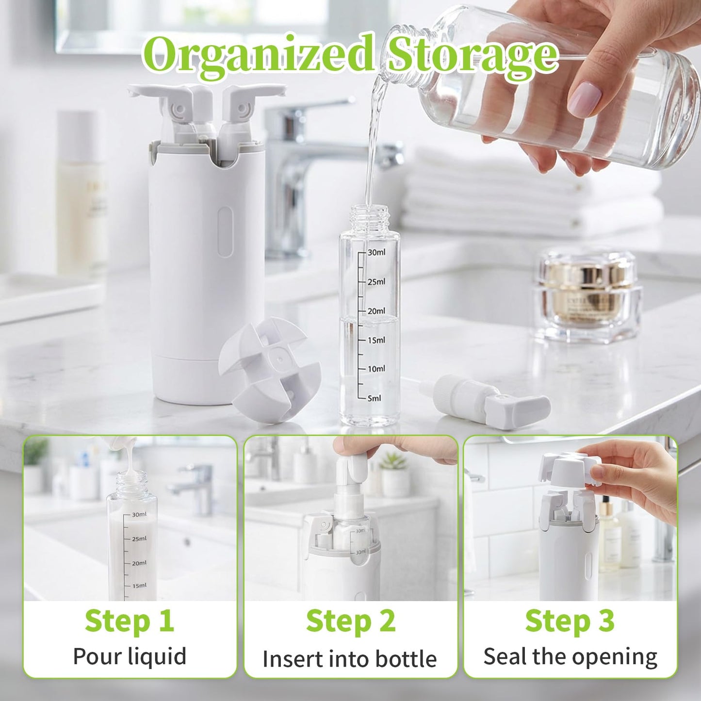 ZRWQTMMMJ 4 in 1 Travel Dispenser Bottle Set - 30ml x4 TSA Approved Leak Proof Airless Pump Bottles, Refillable Small Containers for Shampoo Lotion, Portable Travel Toiletries for Carry On (Green)