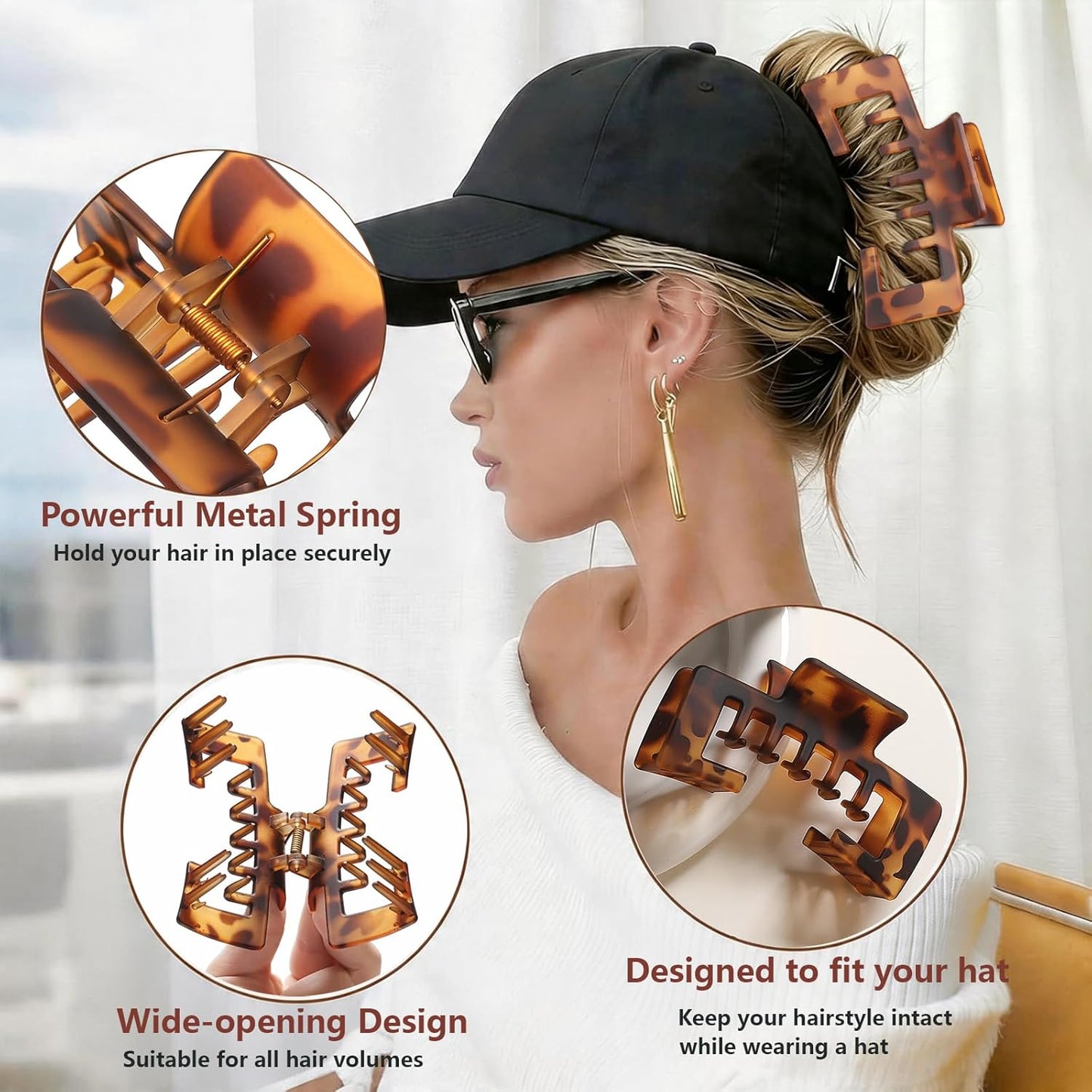 Hat-Friendly Claw Clips for Baseball Caps - 4 Pack Strong Hold Matte Tortoise Hair Accessories for Women | Perfect for Thick or Thin Hair