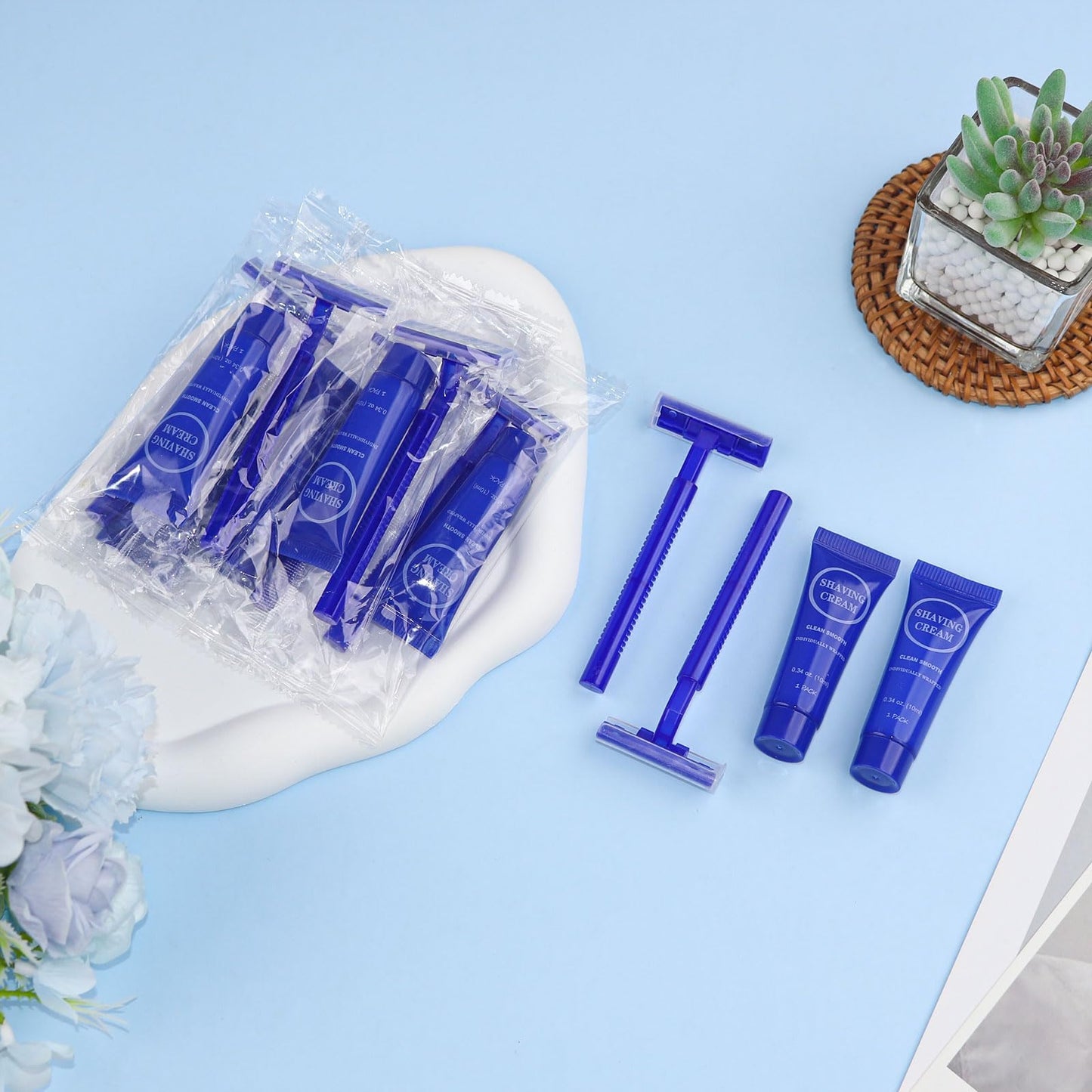 Disposable Razor Shaving Cream Set, Individually Wrapped Manual Twin Blade Shaving Razors in Bulk with Mini Smooth Shaving Cream Toiletries for Hotel Charity Camping Travel Homeless 0.34oz (100 Pack)