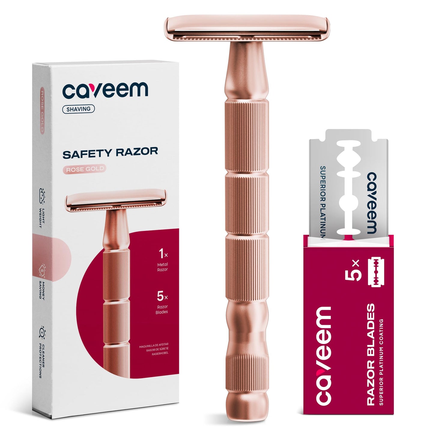 CAVEEM Double-Edge Safety Razor, Single-Blade Razors with 5 Stainless Steel Safety Razor Blades for Men and Women, Reusable Metal Razor Rose Gold