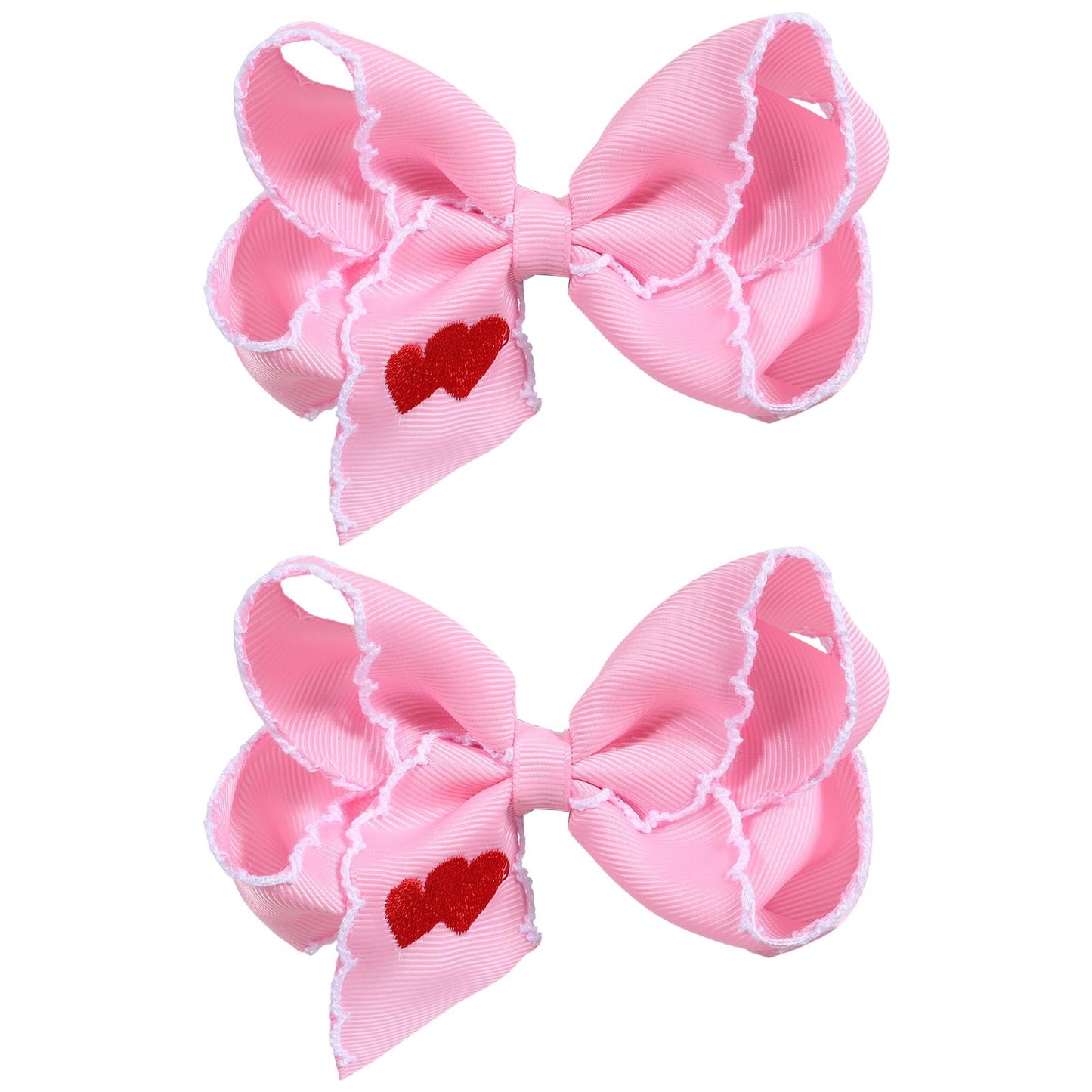 Valentine Pink Hair Bows 2pc 4in Red Love Heart Embroidered Ribbon Bowknot Alligator Clip Gift for Teen Girls Women Birthday Wedding Dance Party Dress Decor Accessory