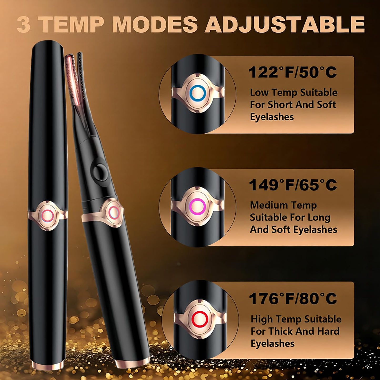 Heated Eyelash Curler - 2-in-1 Clip-Type Design, 3 Temperature Modes, USB Rechargeable Electric Eyelash Curler, Natural Curling 24H Long-Lasting Curl, Gift for Women & Girls, Shiny Black C