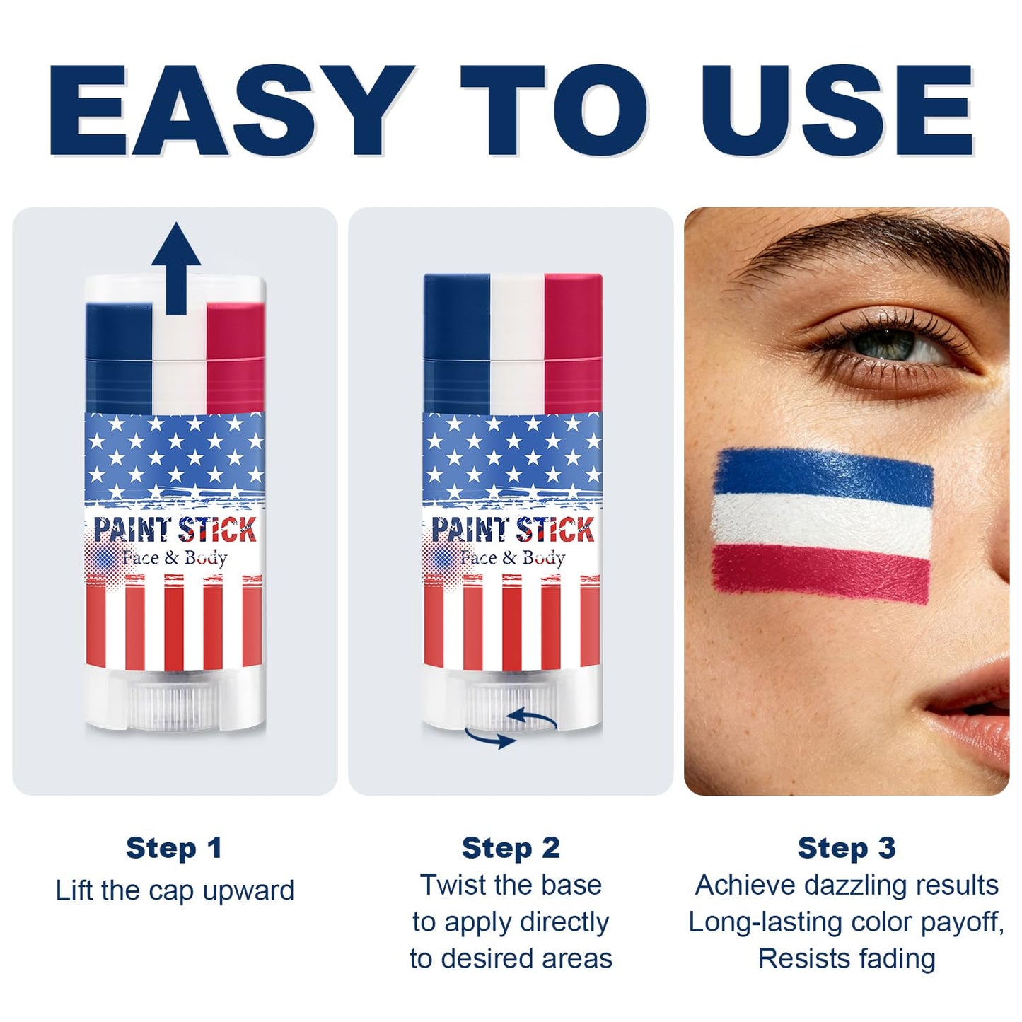 USA Face Paint Stick - Red, White & Blue for World Cup Fans | Sweatproof, High Pigment, Patriotic 4th of July Accessories