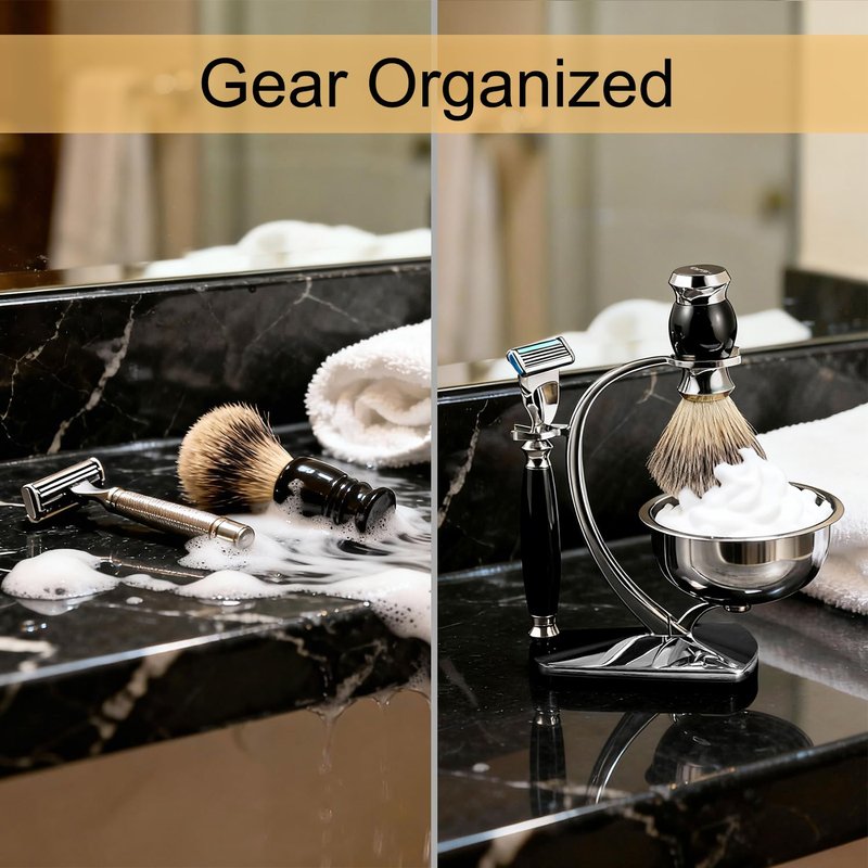 GRUTTI Premium Shaving Kit for Men, 4 in 1 Shaving Set Includes Shaving Stand & Soap Bowl &Brush, Deluxe Safety Mens Razor Holder with Non Slip Base Shaving Kit compatible with Fusion 5