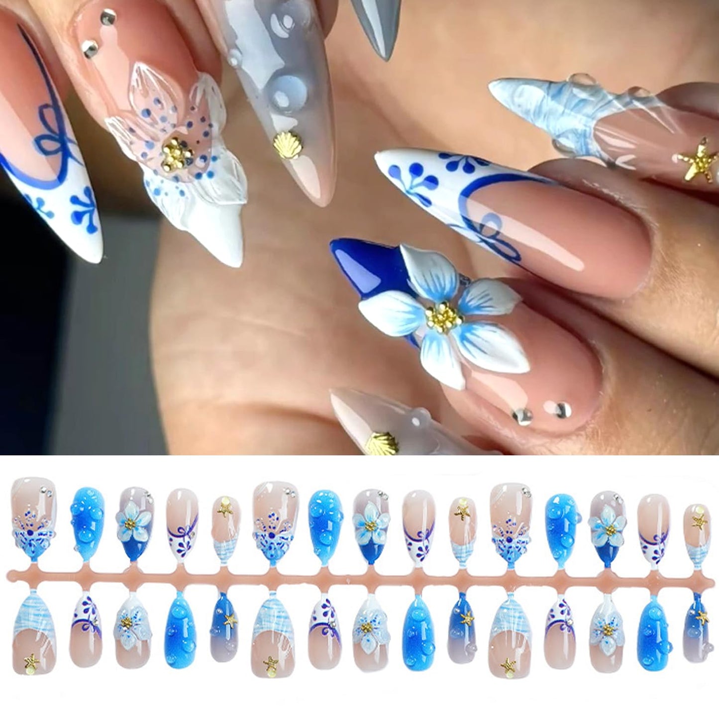 30Pcs Blue Flower Press on Nails Medium Almond Summer Beach Fake Nails with 3D Flowers Starfish Design French Nails Cute Stick on Nails Golden Beads Full Cover Manicure False Nail Tips for Women