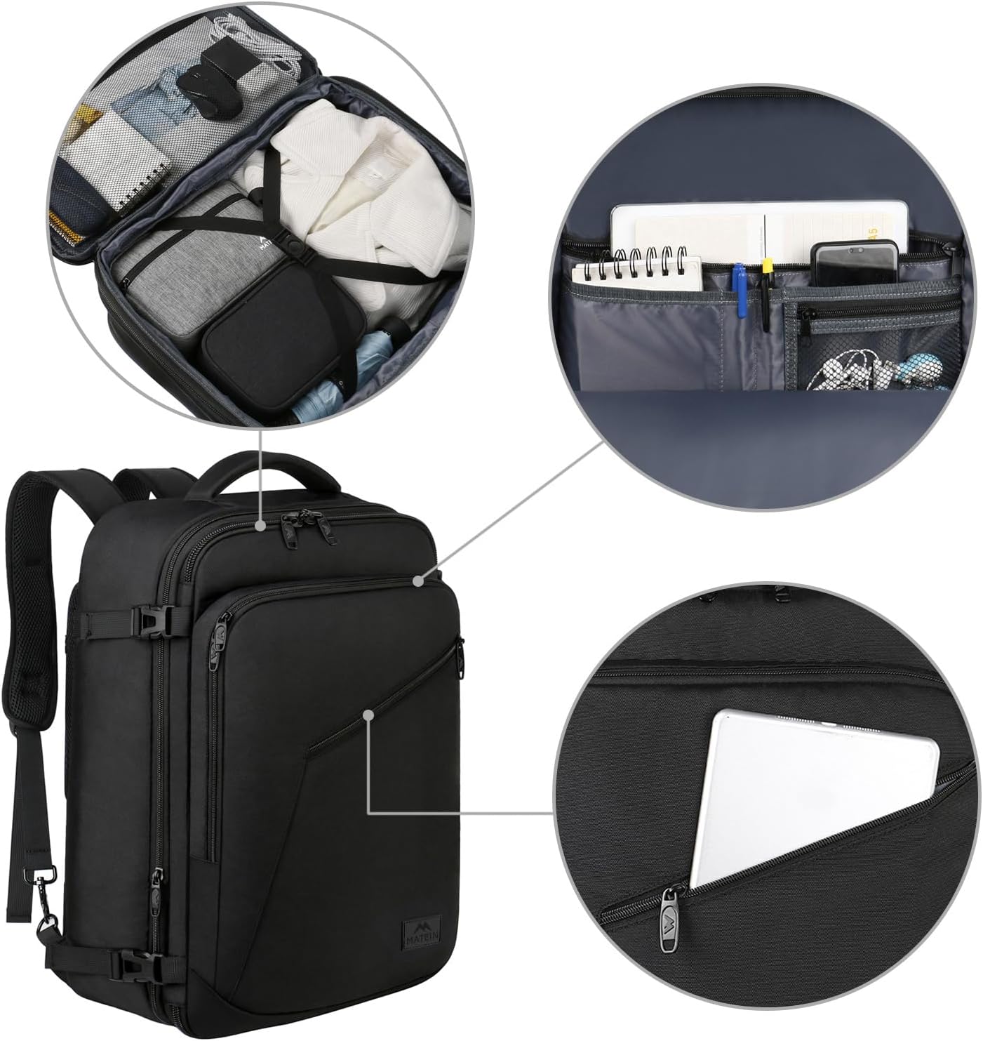 MATEIN Extra Large Carry-On Backpack - Expandable Airplane Approved Travel Bag for Men & Women | Water-Resistant 40L, Black