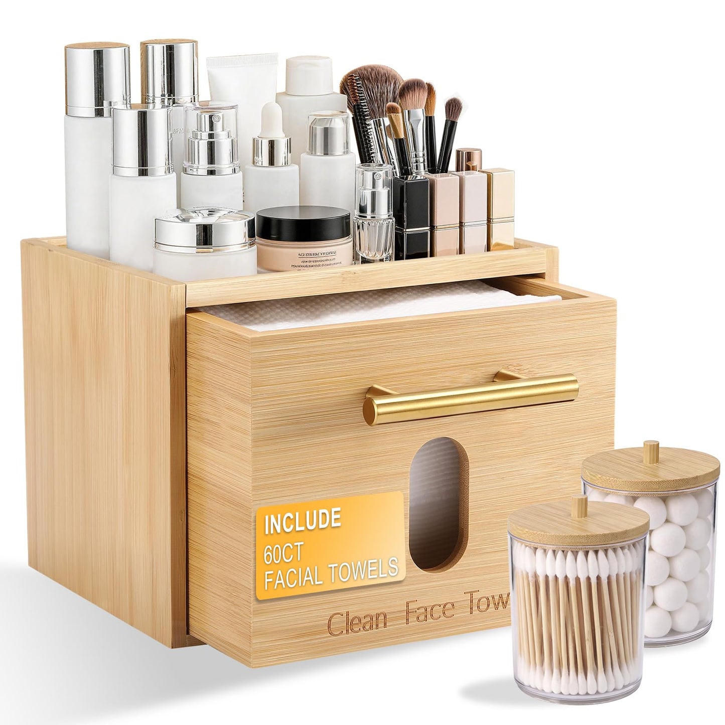 BSSN Face Towel Holder Bamboo Disposable Clean Towels Holder with Cotton Swab Box and 60ct Towels, Wall Mounted & Countertop Skincare Organizer, Bathroom Vanity Storage for Face Tissues & Makeup Pads