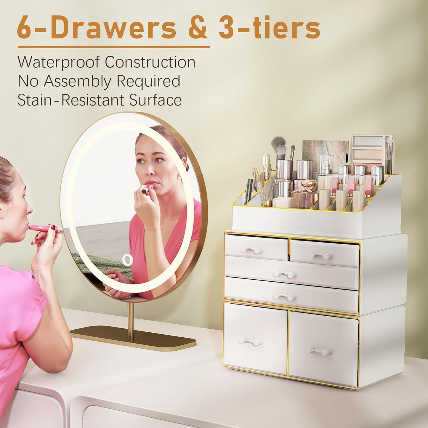3-Tier 6-Drawer Makeup Organizer - Stylish Countertop Cosmetic Storage for Dresser & Vanity | White with Gold Edges