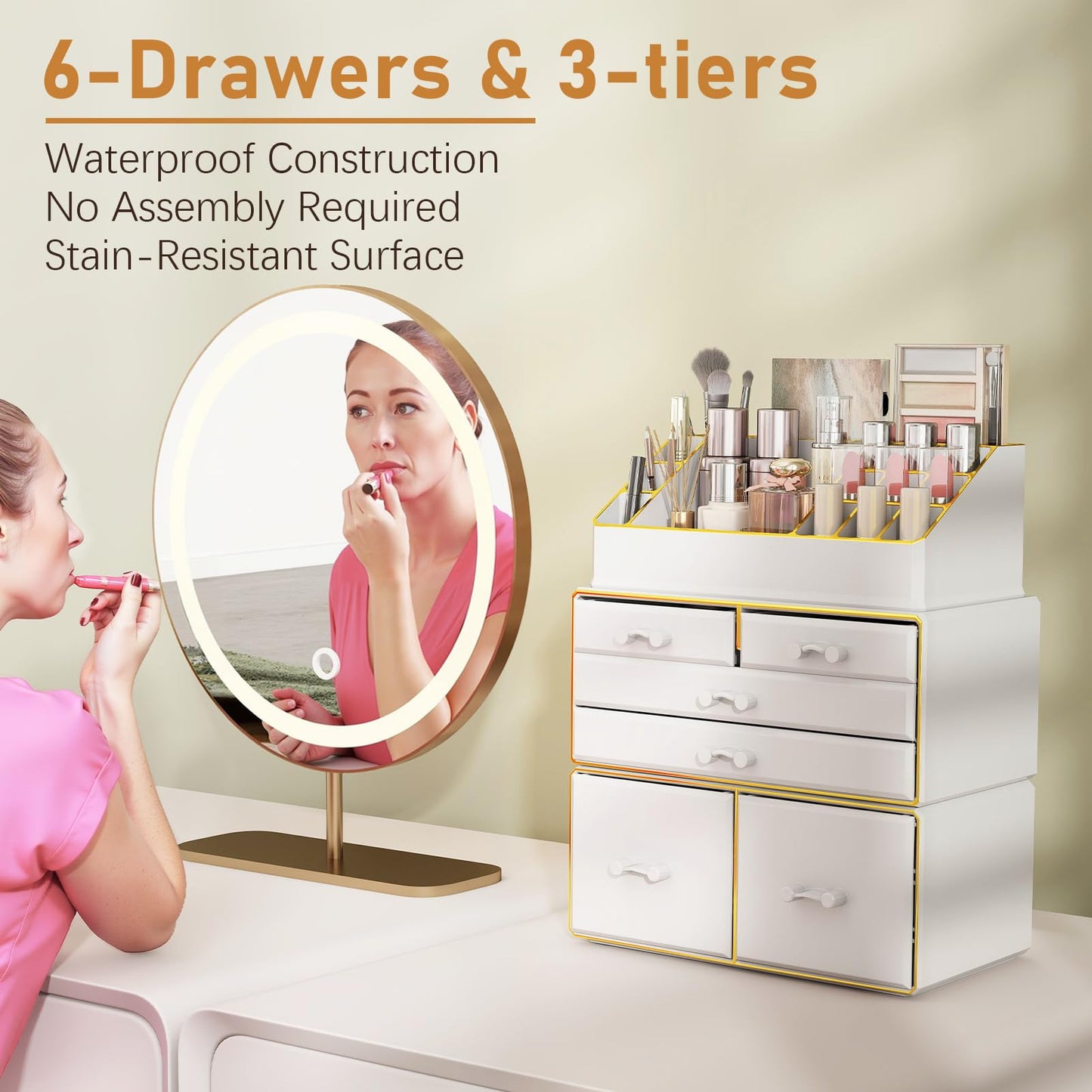 Delamu 3-Tier 6-Drawer Makeup Organizer Countertop Cosmetic Organizer for Dresser and Vanity Bathroom Organizers and Storage for Lipstick Brush Skincare Perfume, Nail Polish, White with Gold Edges