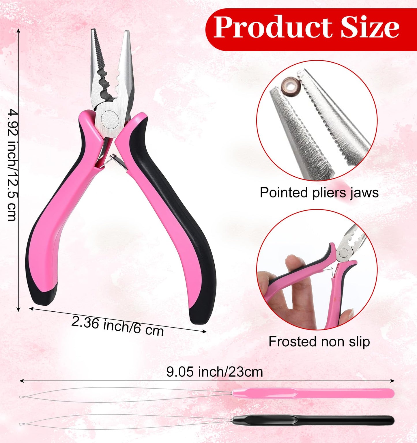 Hair Extension Pliers, 3-Hole Extension Pliers Reach Tool Set for Application Removal Tools Plier Loop Needle Pulling Hook Tool (Pink)