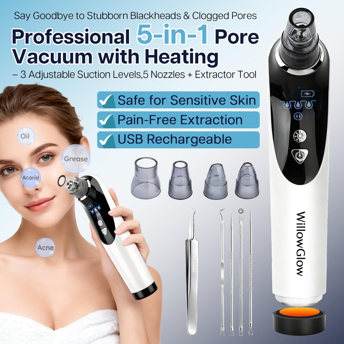 WillowGlow Heated Pore Vacuum, Blackhead Remover with Strong 3-Level Suction, 5 Nozzles for Deep Cleaning Face, Nose & Sensitive Skin, Professional Pore Extractor & Facial Kit