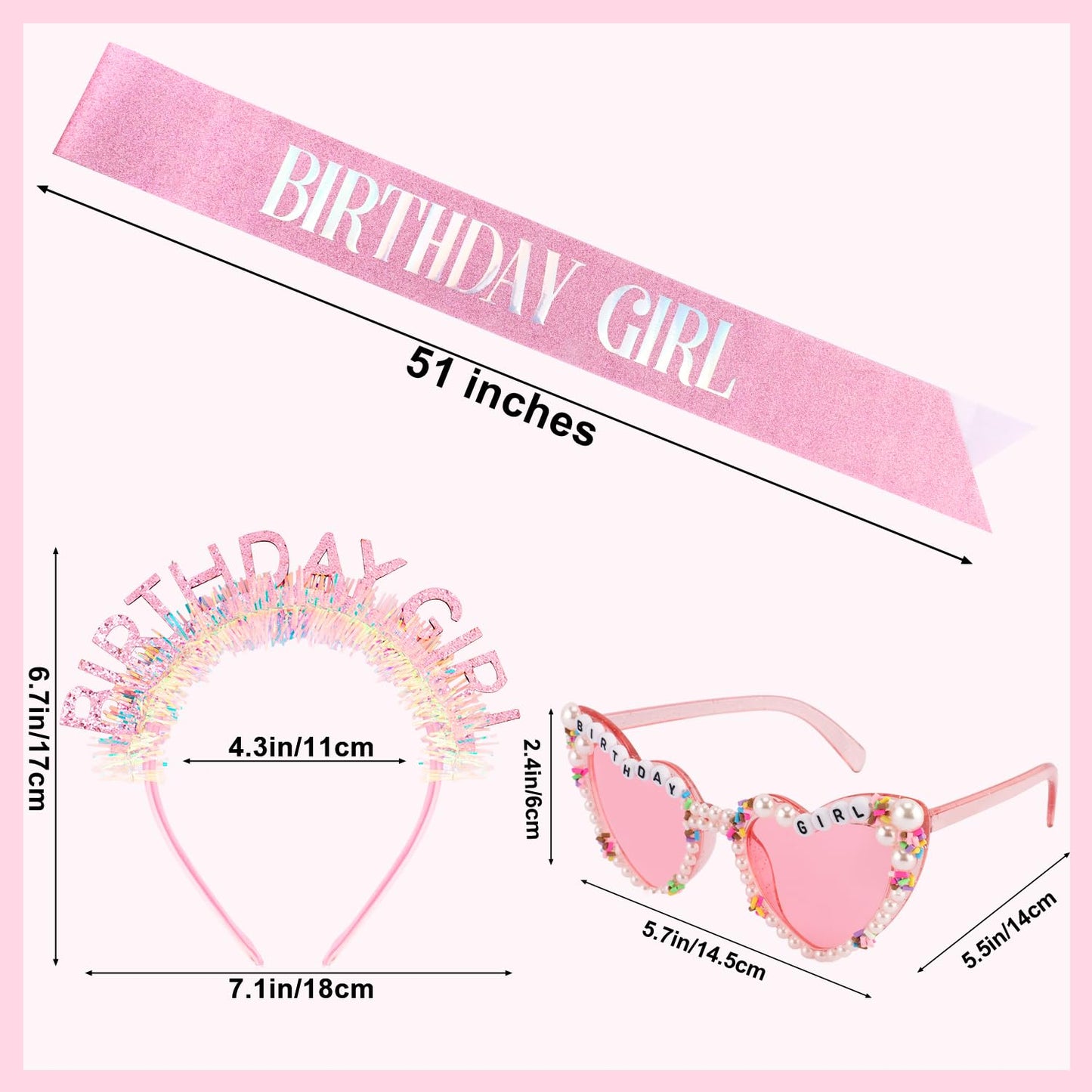 SuPoo Birthday Girl Headband Sash Sunglasses Set, Pink Birthday Accessories for Women Girls Glitter Birthday Crown & Sash Gift Outfit for Party Decorations Fun Glasses