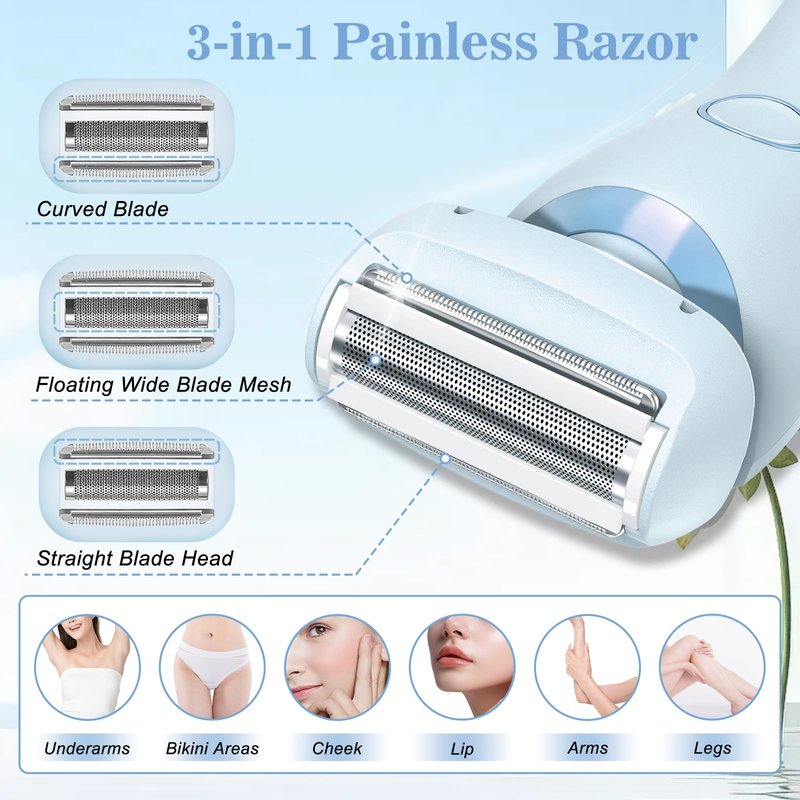 Nyywth Electric Shaver for Women, Painless 2 in 1 Wet & Dry Waterproof Silk Glide Pro Shaver with 2 Removable Heads, Rechargeable Electric Razors for Bikini, Legs, Underarms, Body (Blue)