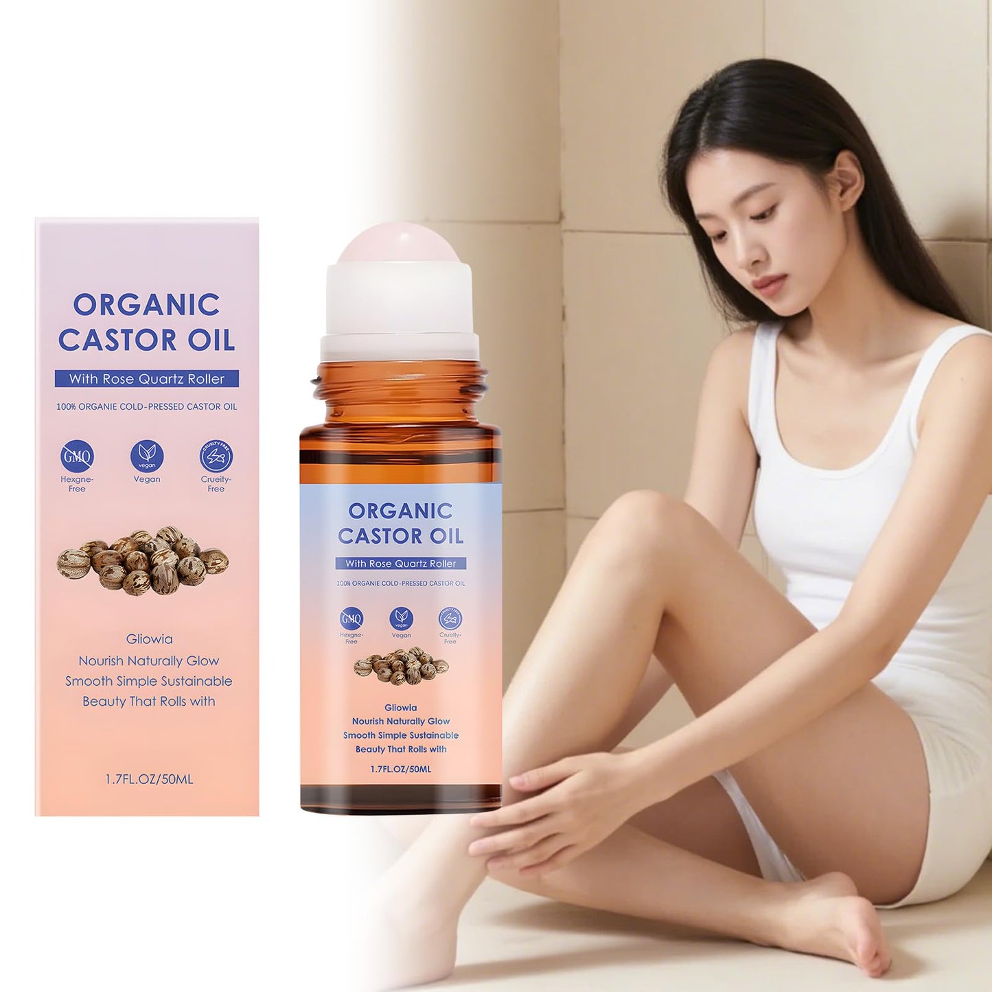 Organic Castor Oil Roll On,Castor Oil Rose Quartz Roller Ball,100% Castor Oil Organic Cold Pressed,On for Face, Neck & Under Eye Care, Smooth-Glide Massage Roller (2pcs)